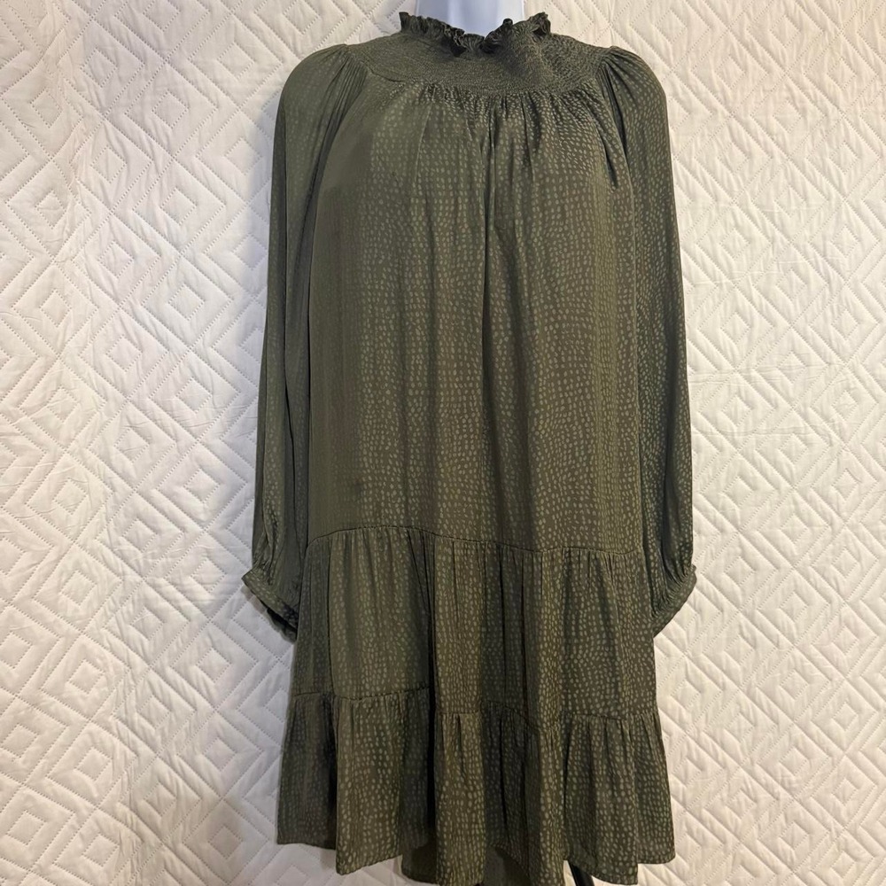 Loft Women MP Dress Olive Green Smocked Mock Neck L/S PRAIRIE COTTAGECORE MODEST